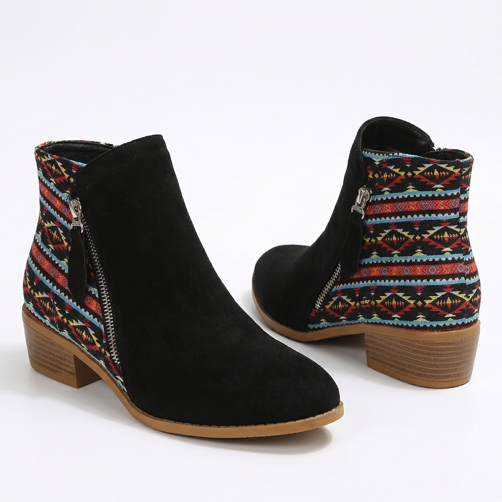 Paire de bottines noires à panneau multicolore sur fond blanc