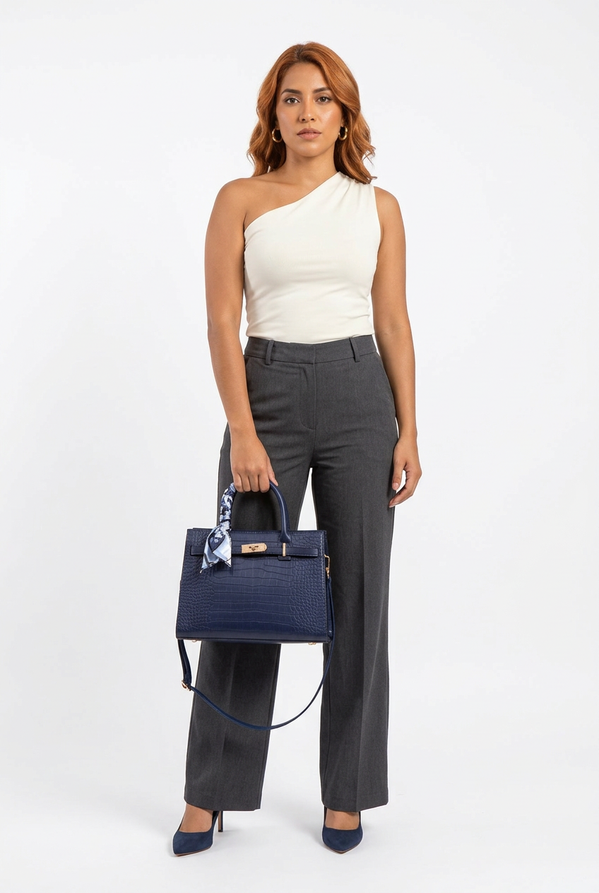 Sac bleu effet croco porté de face corps entier sur fond studio blanc