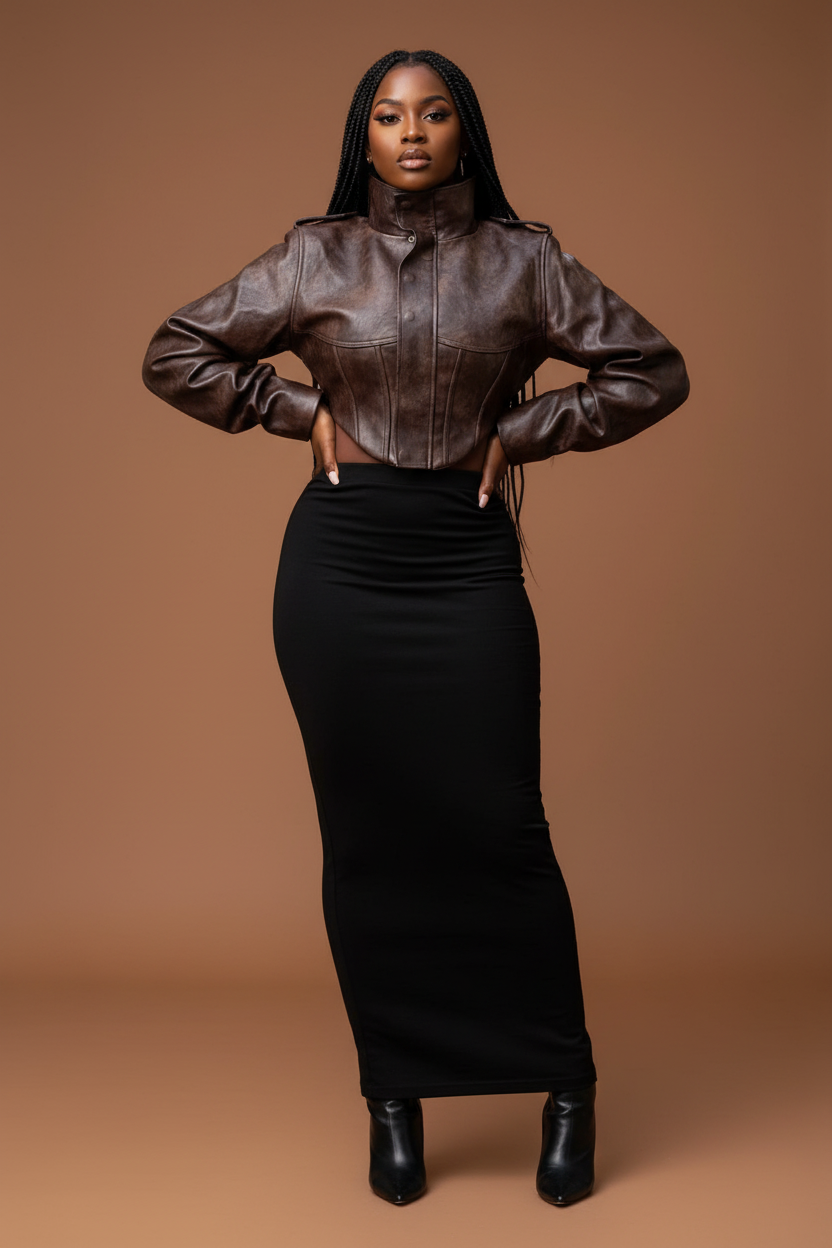 Veste en Cuir Slim Fit Style Vintage - Mannequin vue face