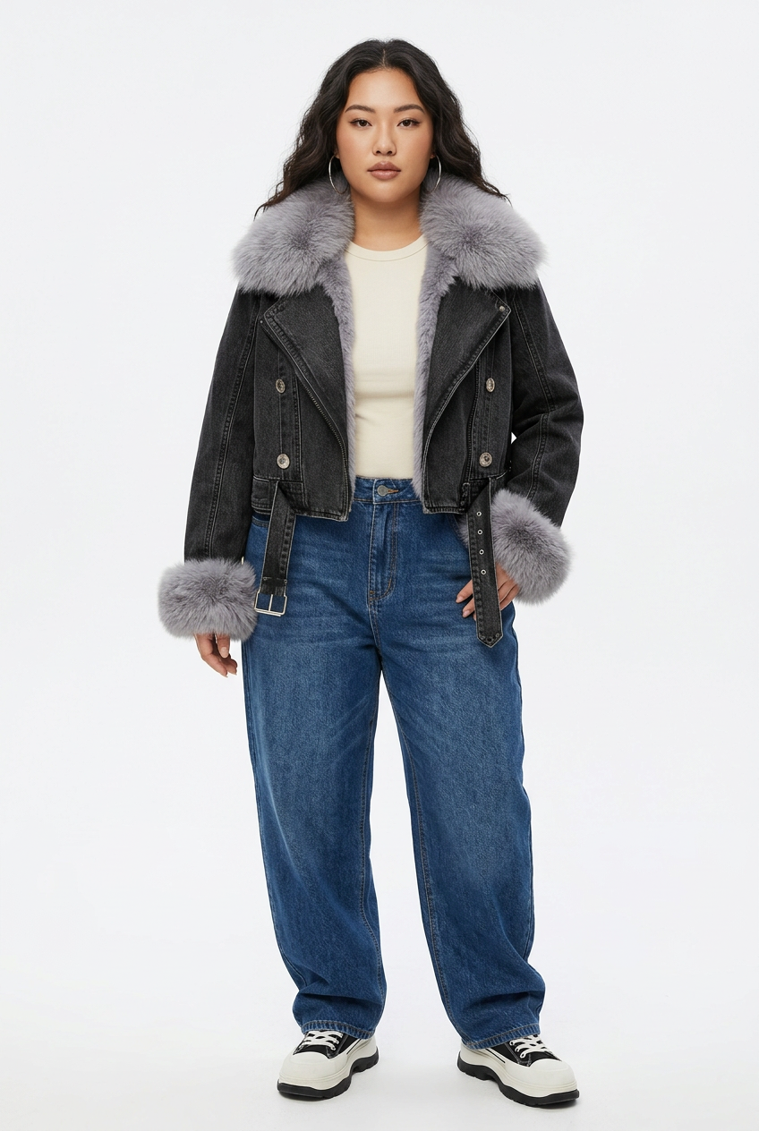 Veste en jean noire à col fausse fourrure portée de face sur mannequin grande taille
