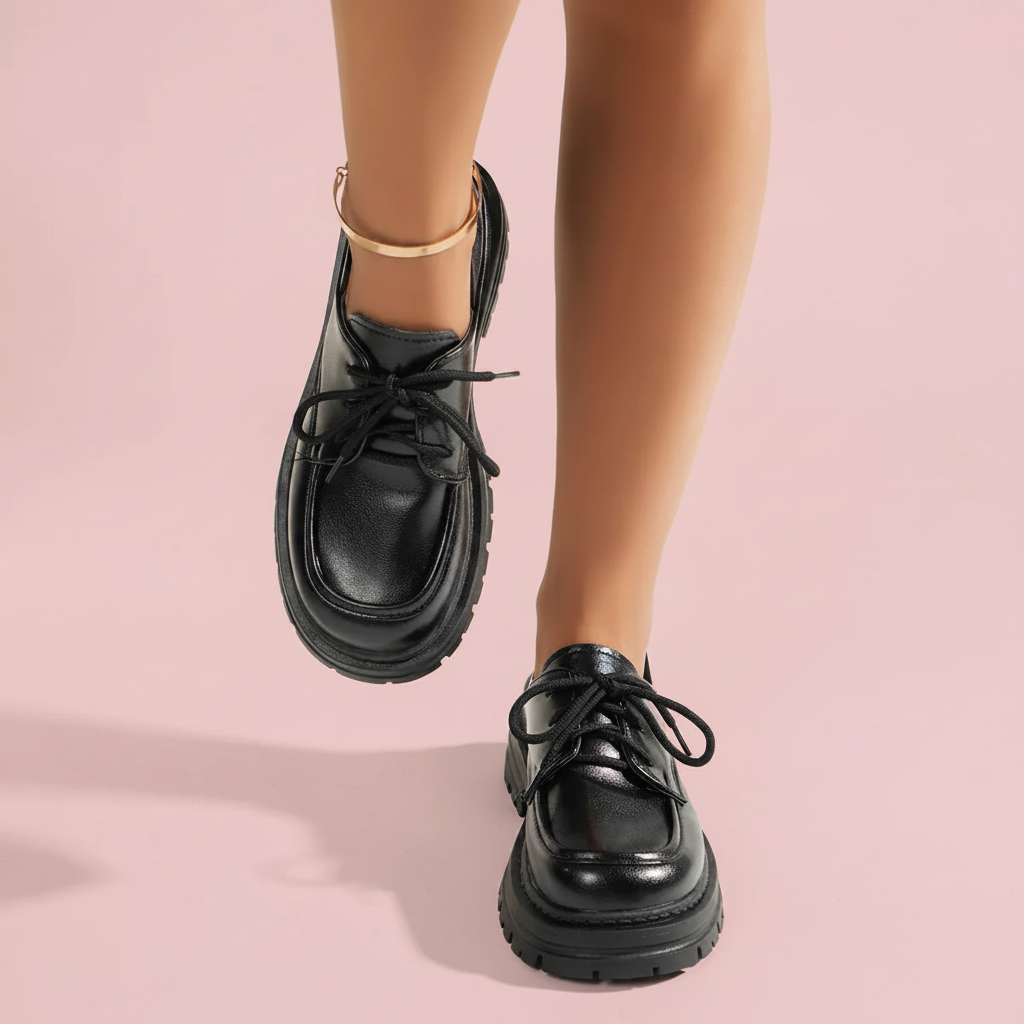 Mocassins plateforme noirs fond rose 1