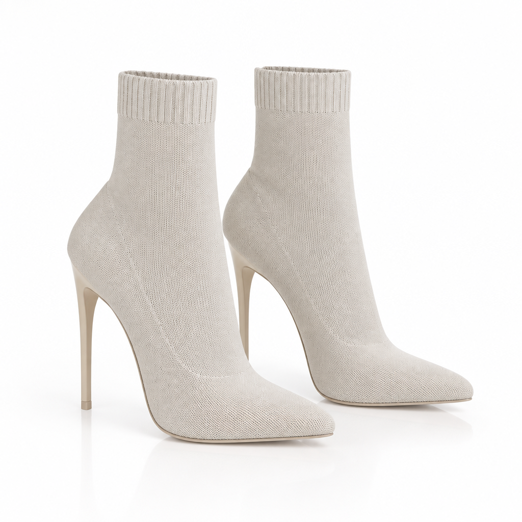 Paire de bottes blanches en maille, vue trois quarts