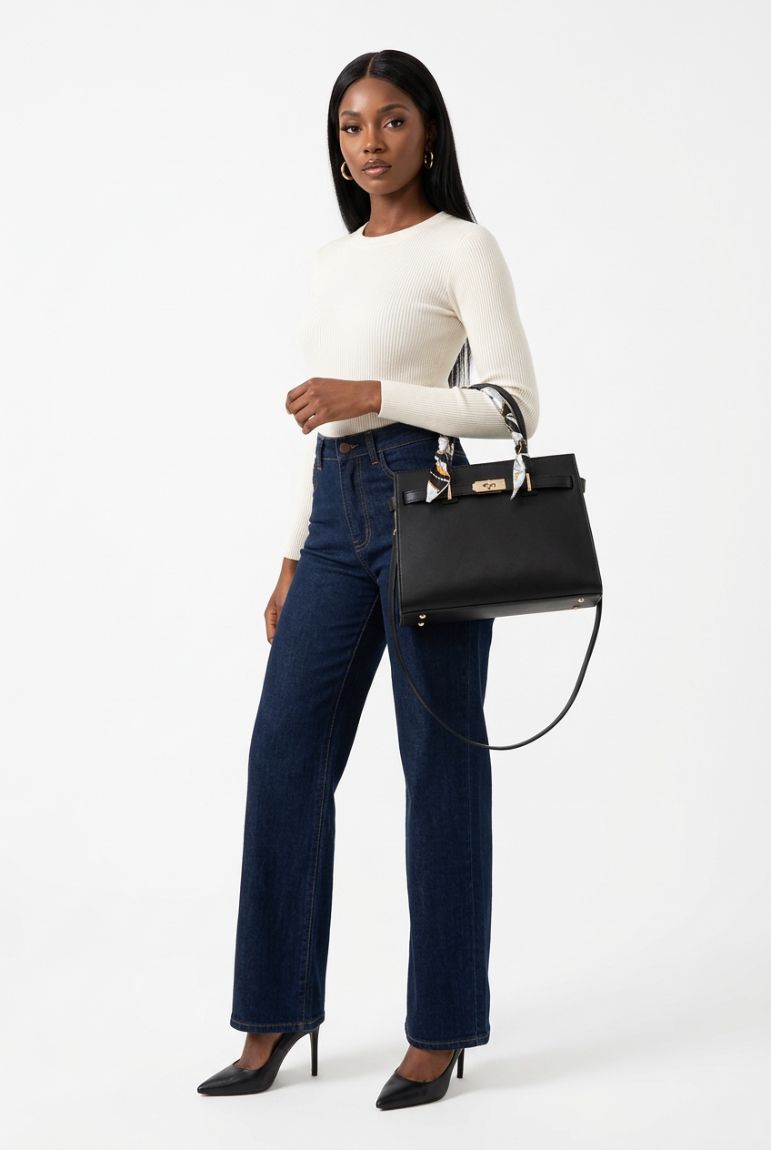 Sac noir à poignée porté de trois-quarts