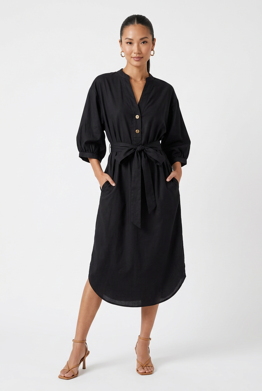 Robe Midi Col V Nouée à la Taille Grande Taille