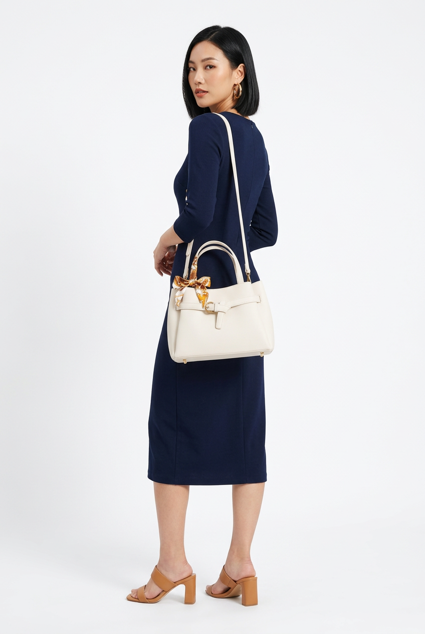 Sac blanc porté en pose de dos sur fond studio blanc