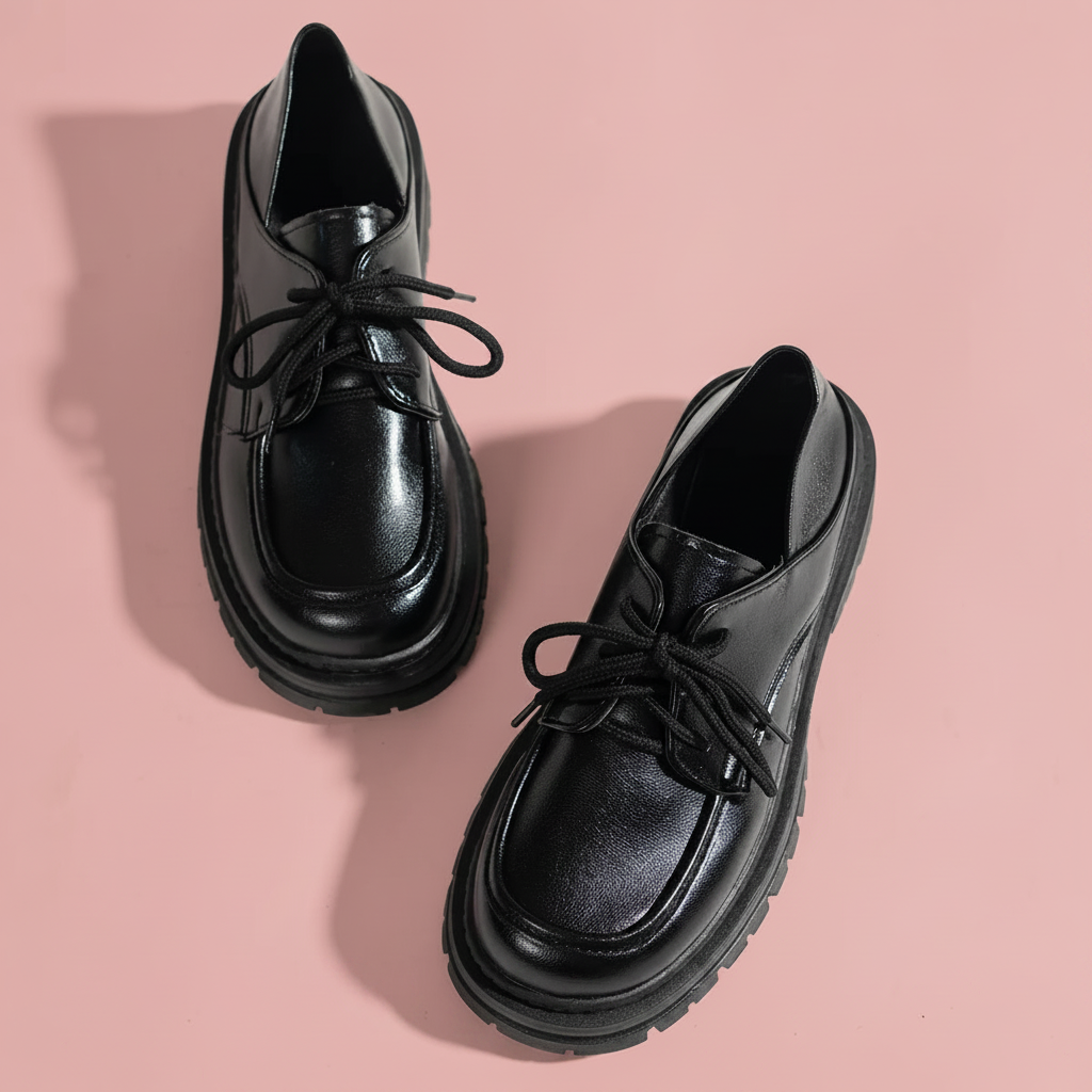 Mocassins plateforme noirs fond rose 4