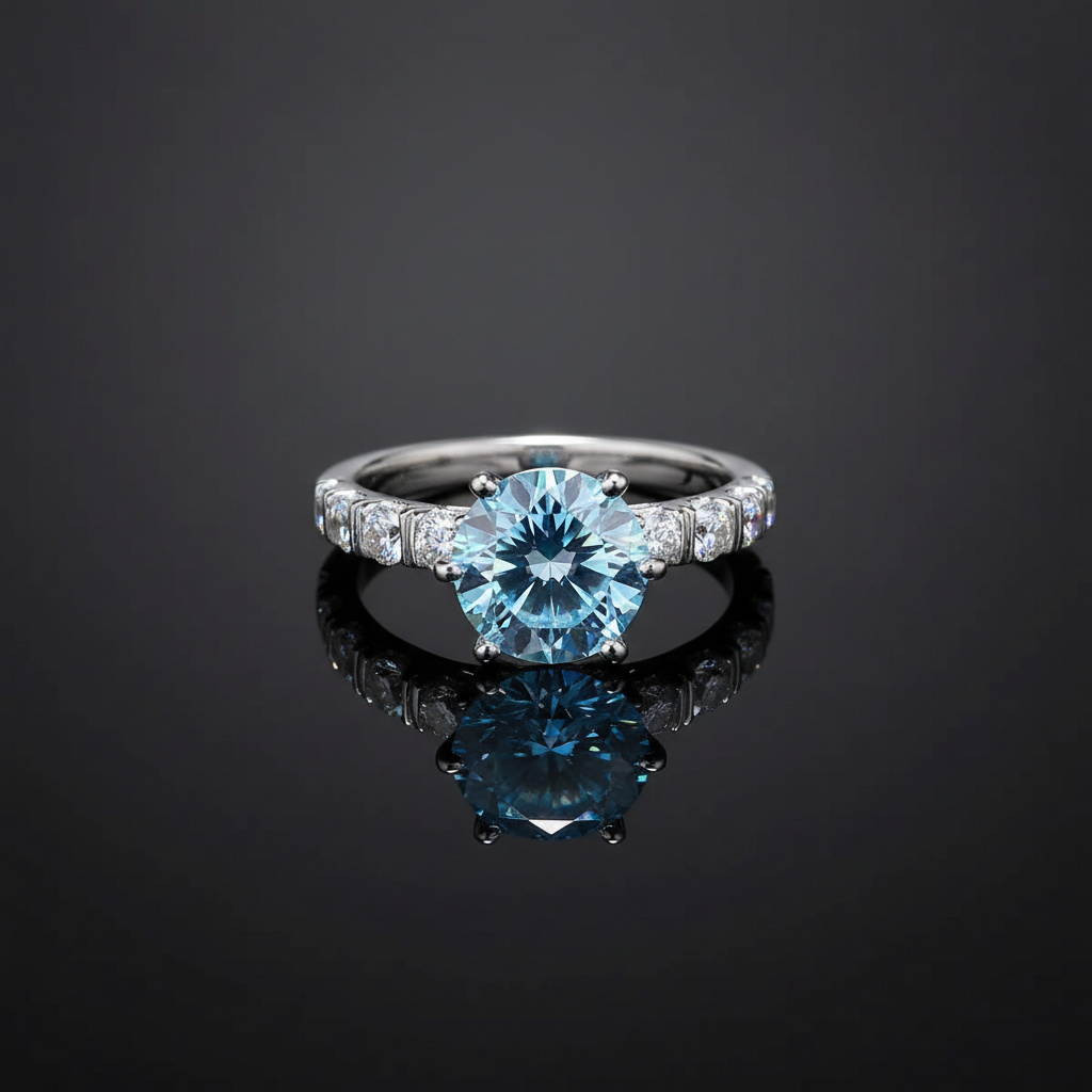 Bague moissanite bleue 3ct - studio noir luxe reflet miroir
