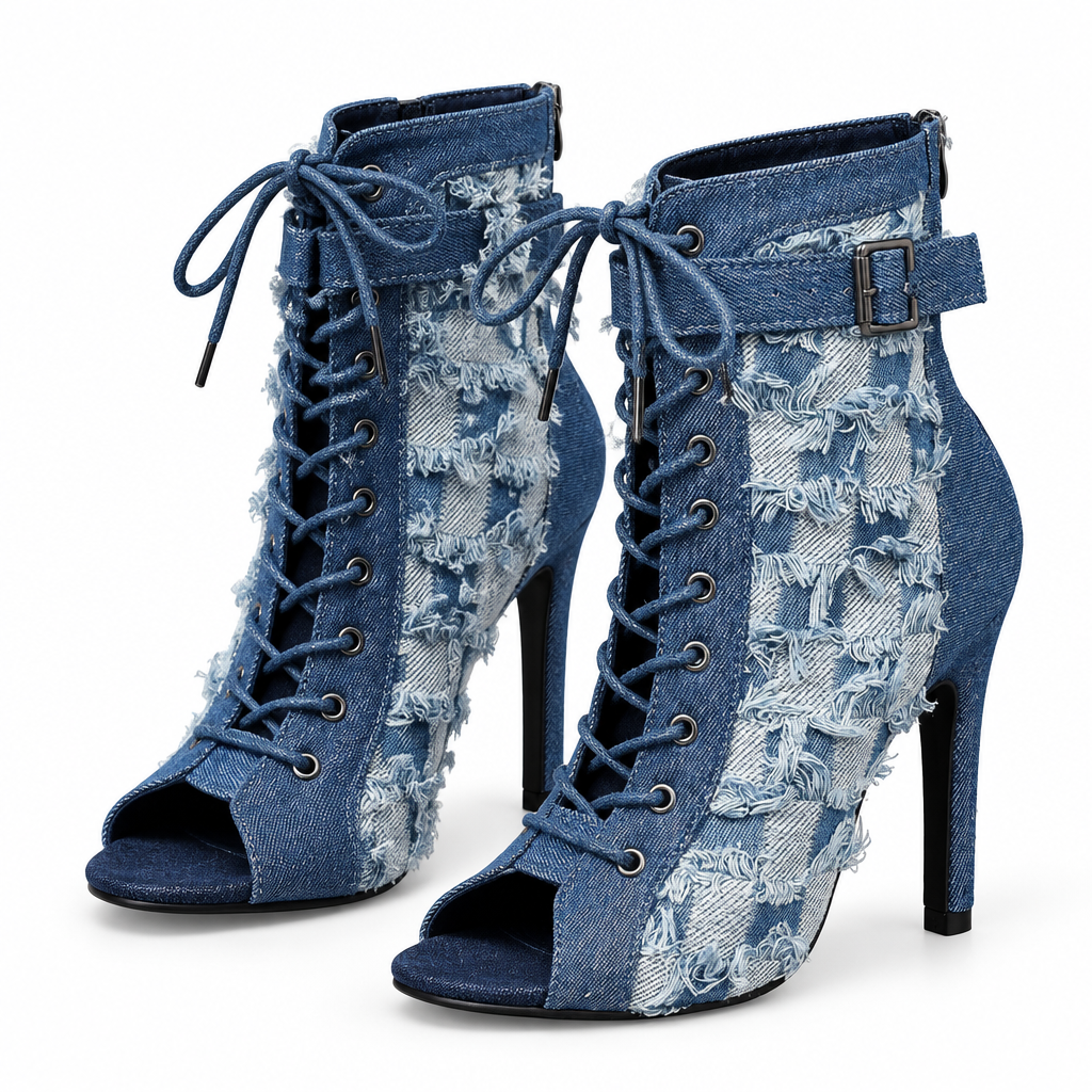 Bottines bleu jean en denim délavé seules, vue trois quarts