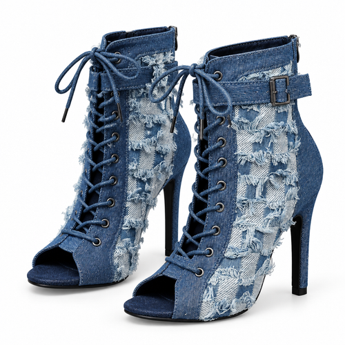 Bottines bleu jean en denim délavé seules, vue trois quarts