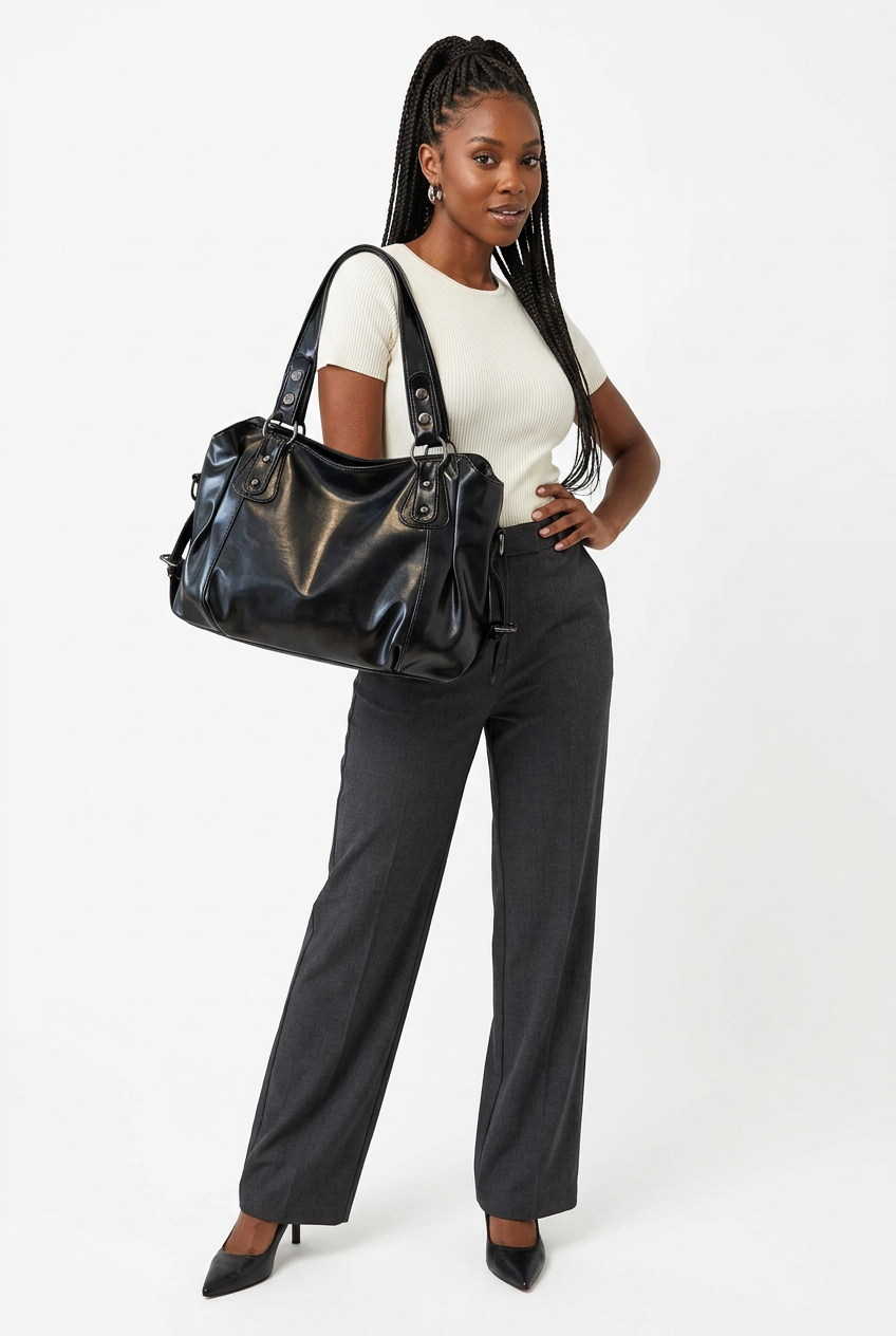 Sac vintage noir porté corps entier en pose baddie