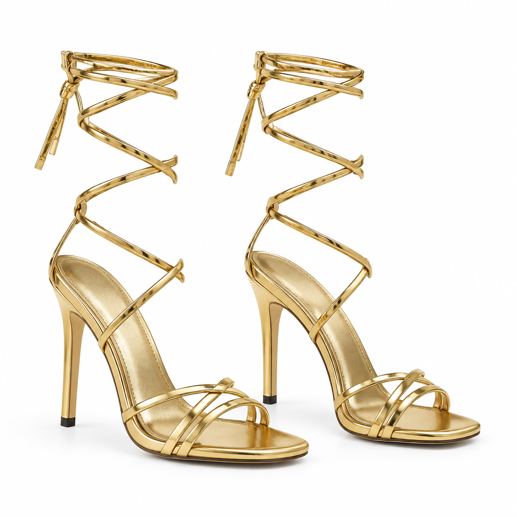 Paire de sandales dorées à brides croisées, vue trois quarts