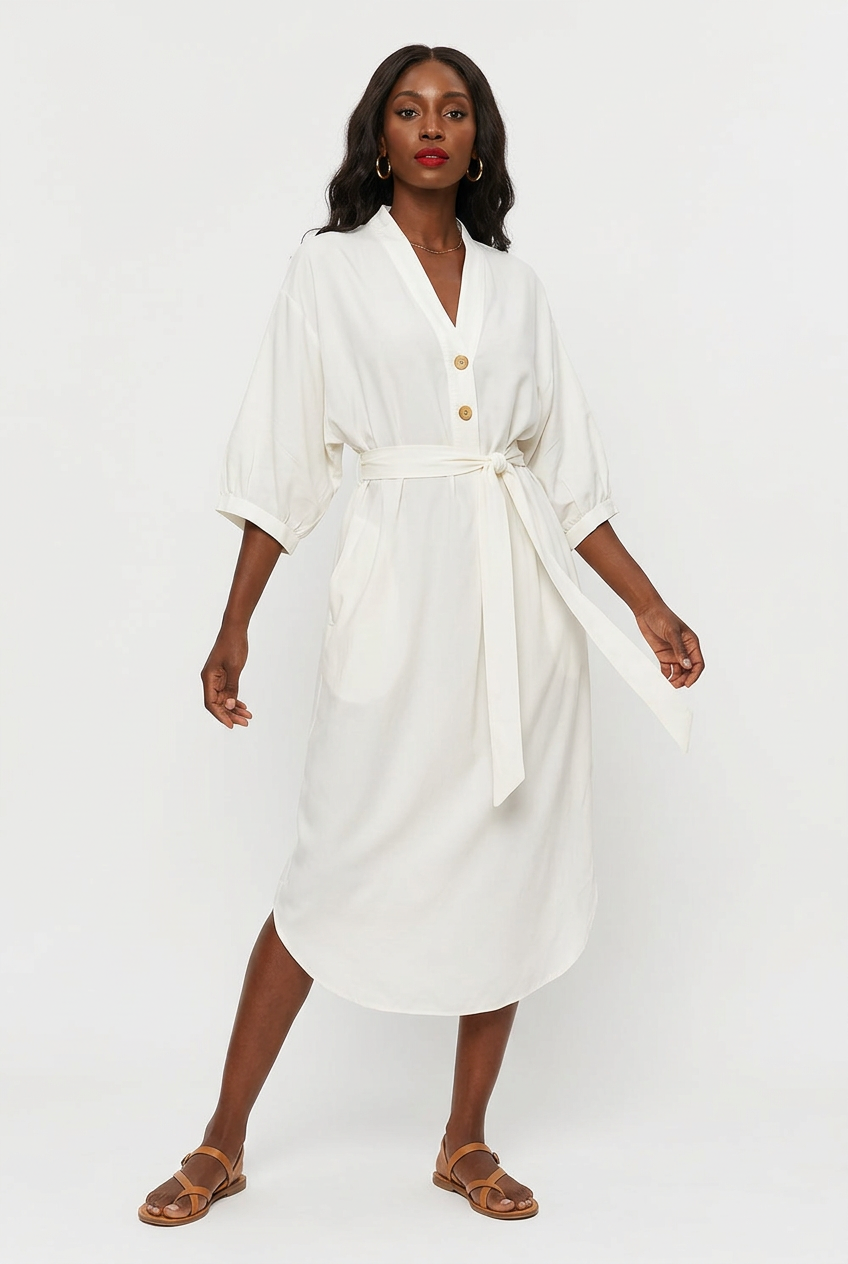 Robe Midi Col V Nouée à la Taille Grande Taille