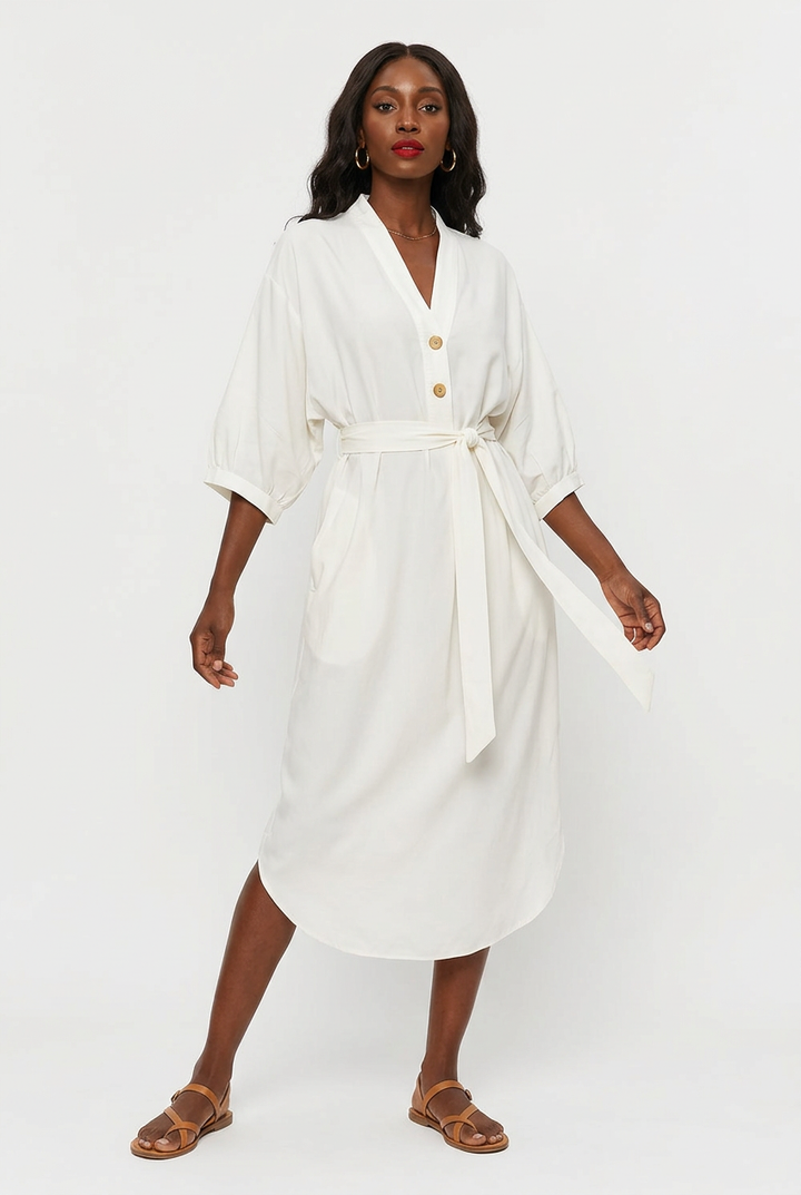 Robe Midi Col V Nouée à la Taille Grande Taille