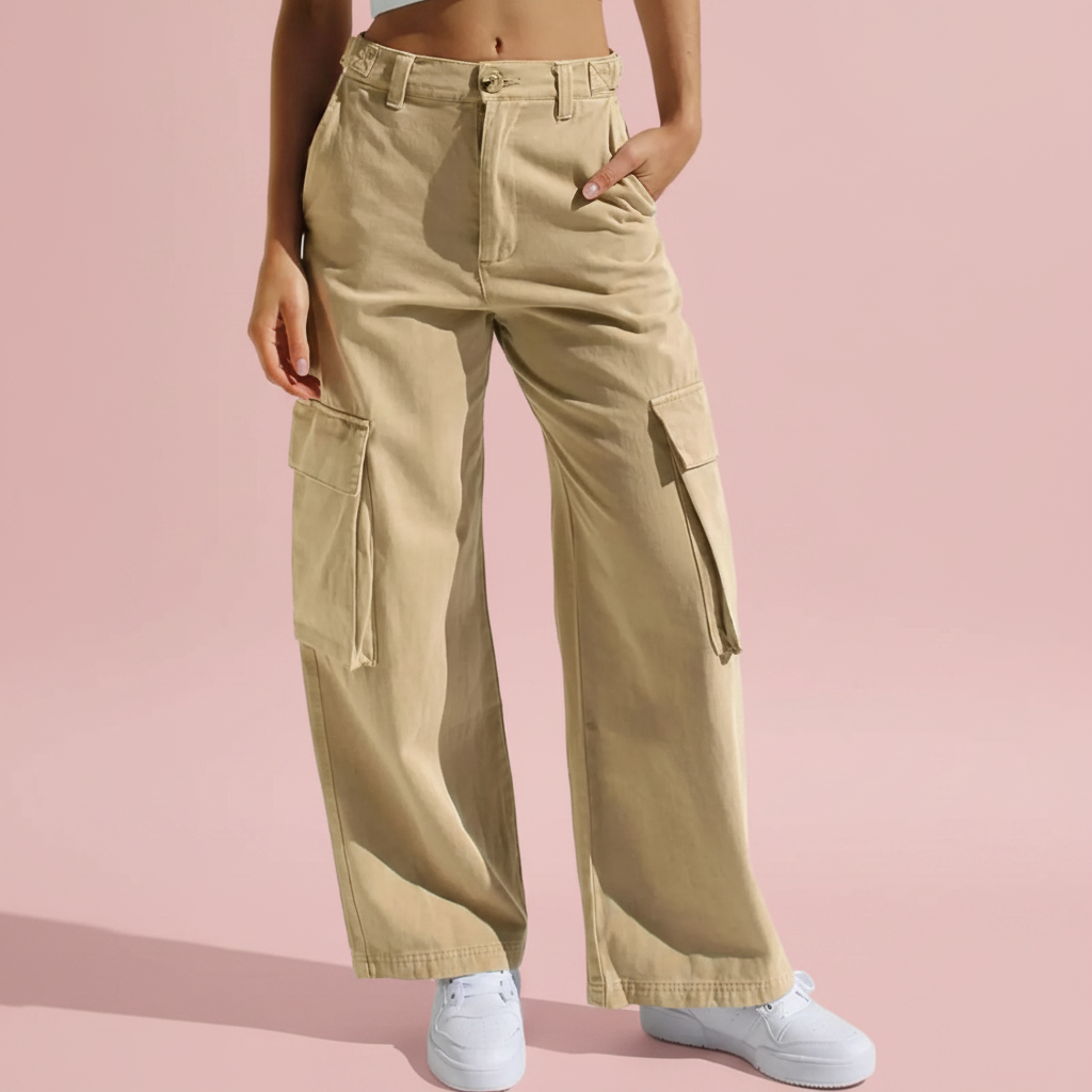 Jean cargo jambe large khaki fond rose