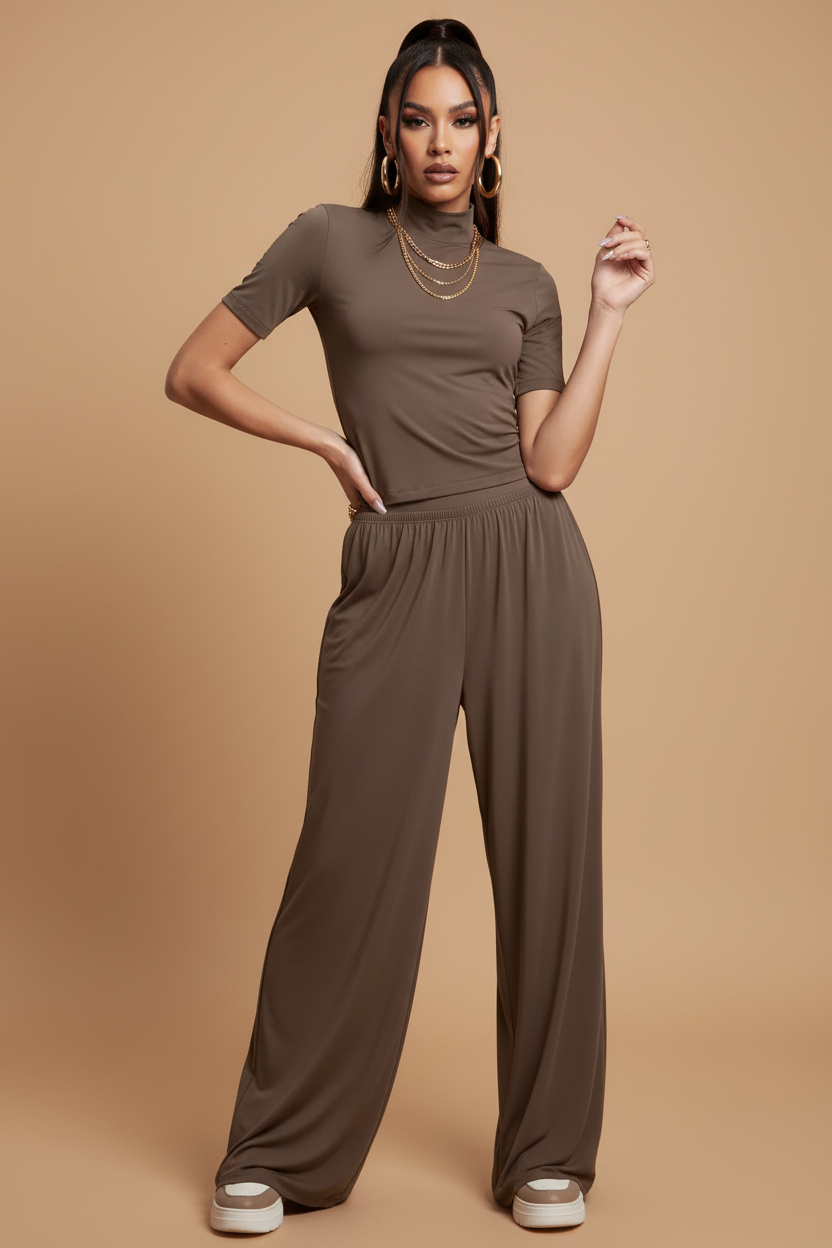Ensemble Col Montant & Pantalon Camel – Vue face