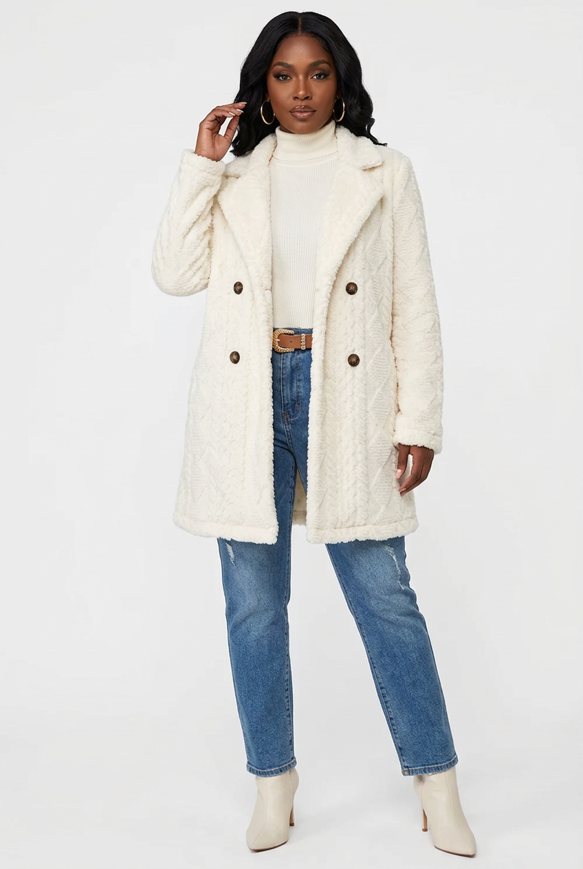 Manteau blanc écru en polaire porté de face en pose baddie corps entier