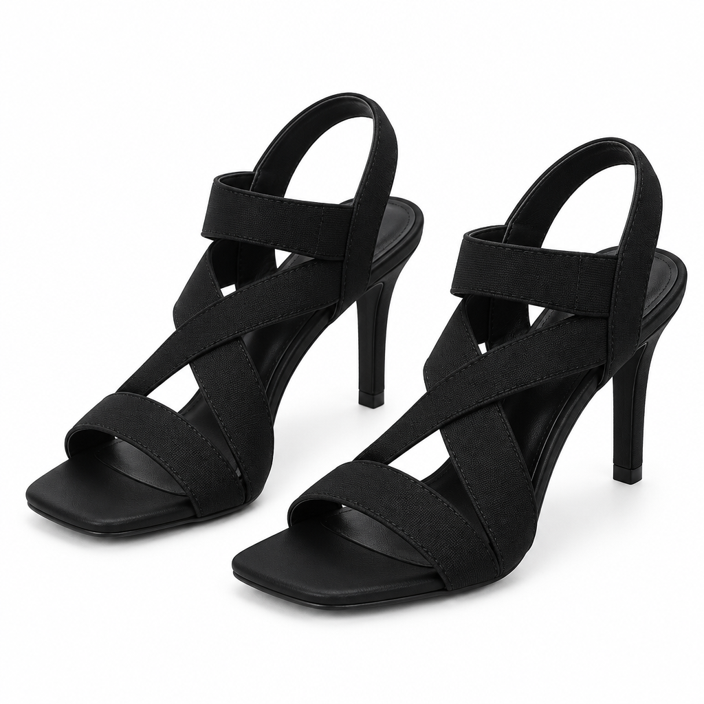 Paire de sandales noires à talon haut, vue trois quarts