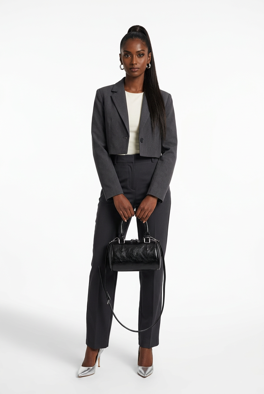 Sac cylindrique noir porté de face corps entier sur fond studio blanc