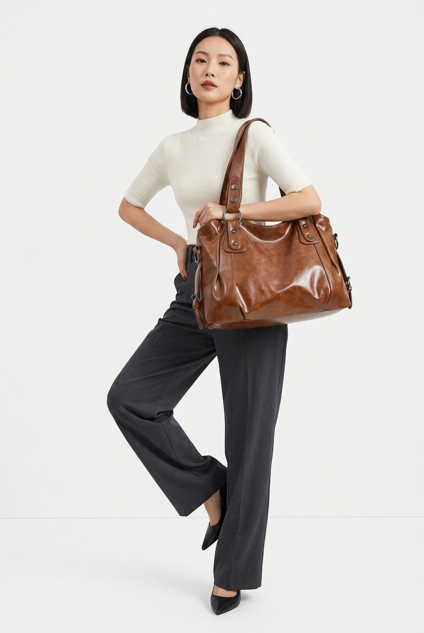 Sac vintage marron porté corps entier en pose baddie