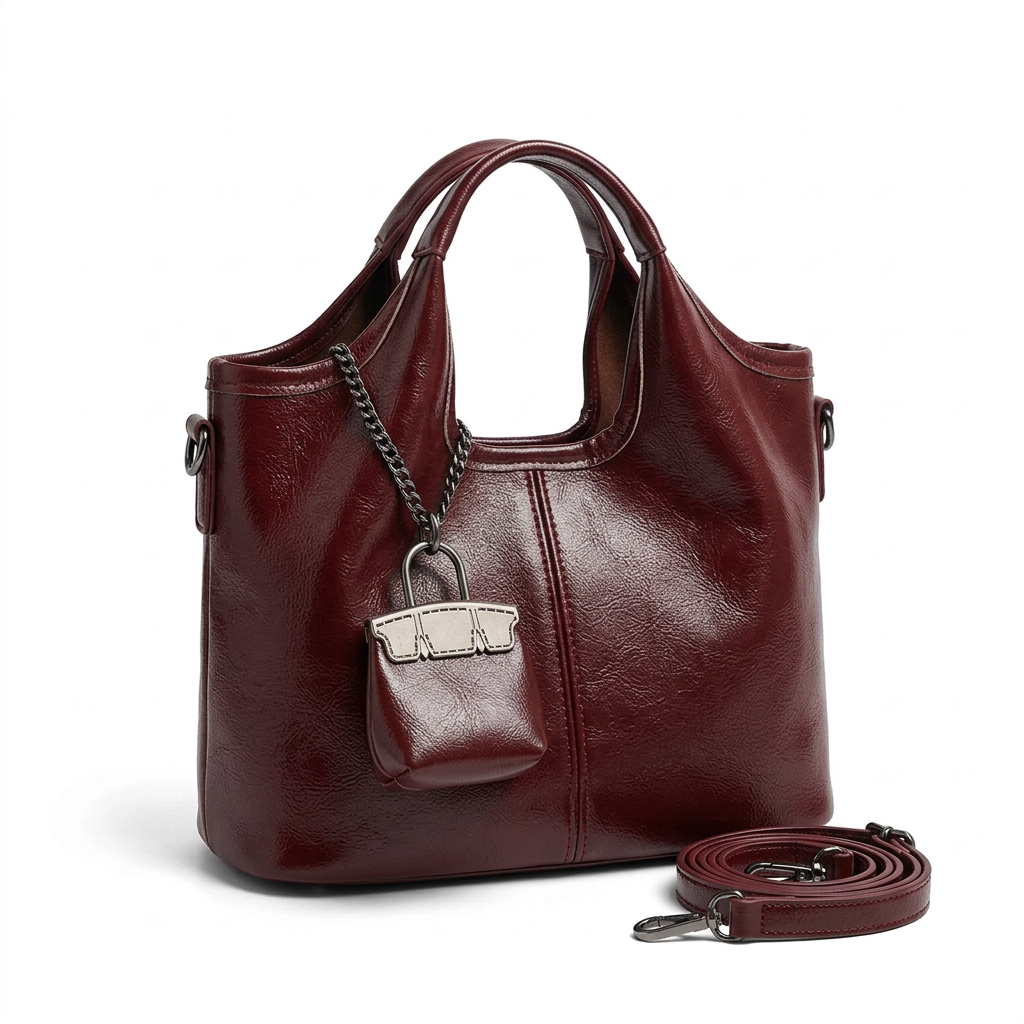 Sac bandoulière rouge bordeaux avec bijou de sac seul en vue de trois-quarts