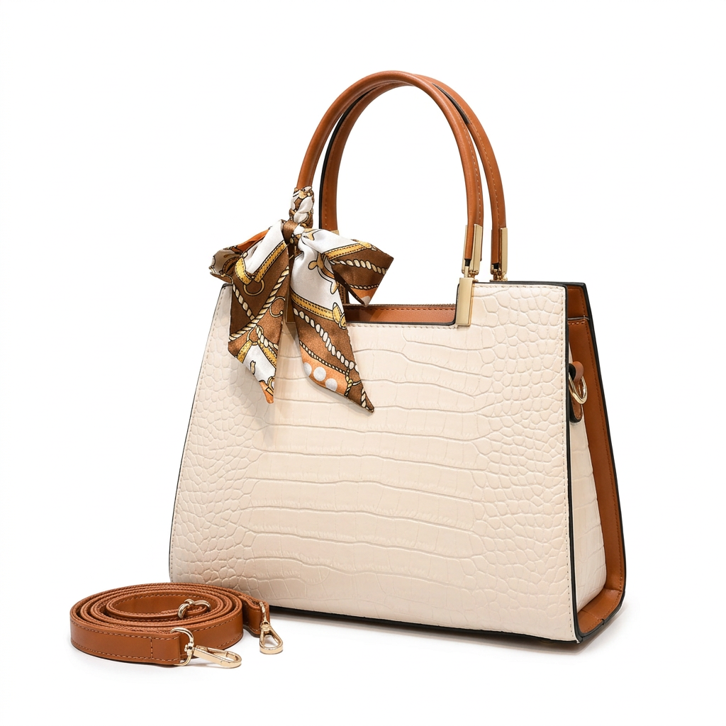 Sac ivoire effet croco à poignées cognac avec foulard seul sur fond studio blanc