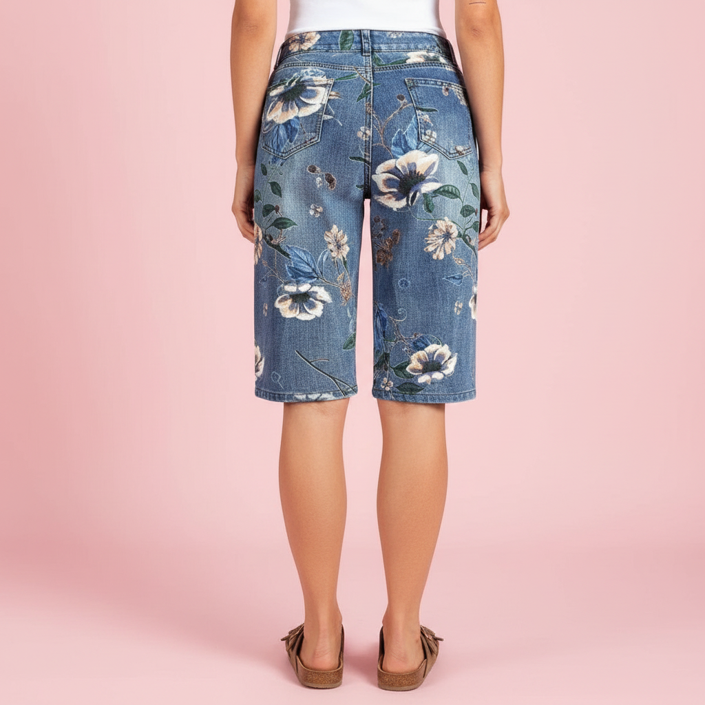 Short floral denim fond rose pastel 3