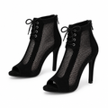 Sandales stiletto noires en maille seules, vue trois quarts