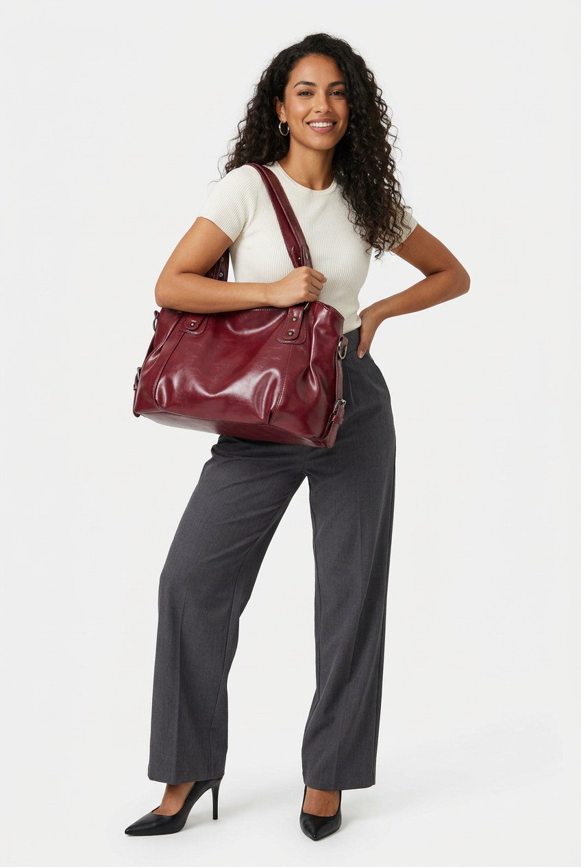 Sac vintage lie-de-vin porté corps entier en pose baddie