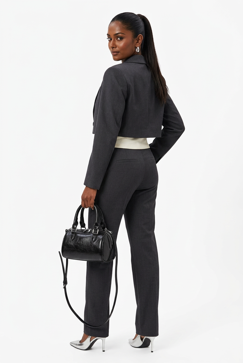 Sac cylindrique noir porté en pose de dos sur fond studio blanc