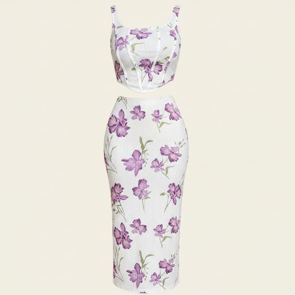 Ensemble Top Floral & Jupe Bodycon – Fond crème 1