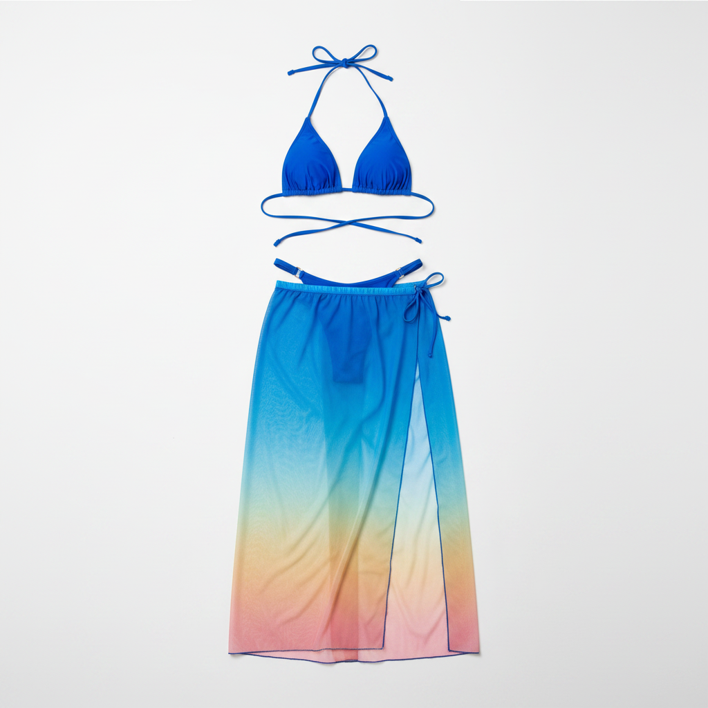 Maillot 3 pièces dégradé bleu royal - flat lay studio fond blanc