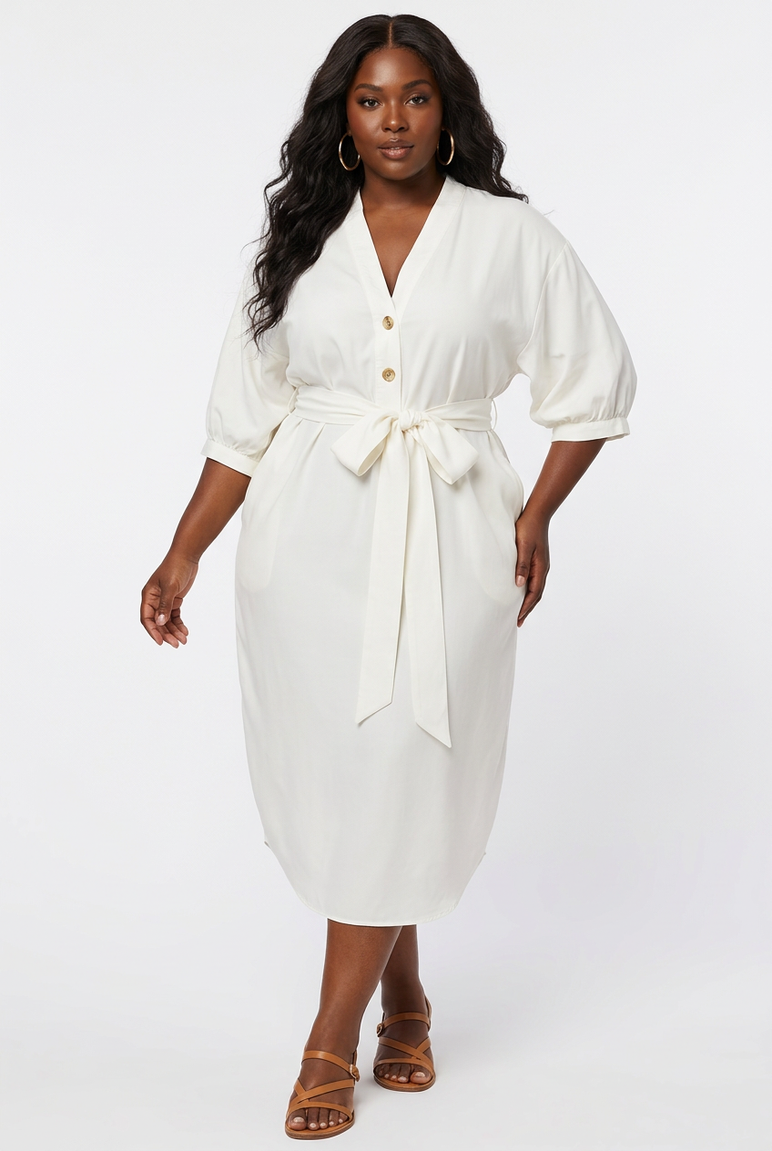 Robe Midi Col V Nouée à la Taille Grande Taille