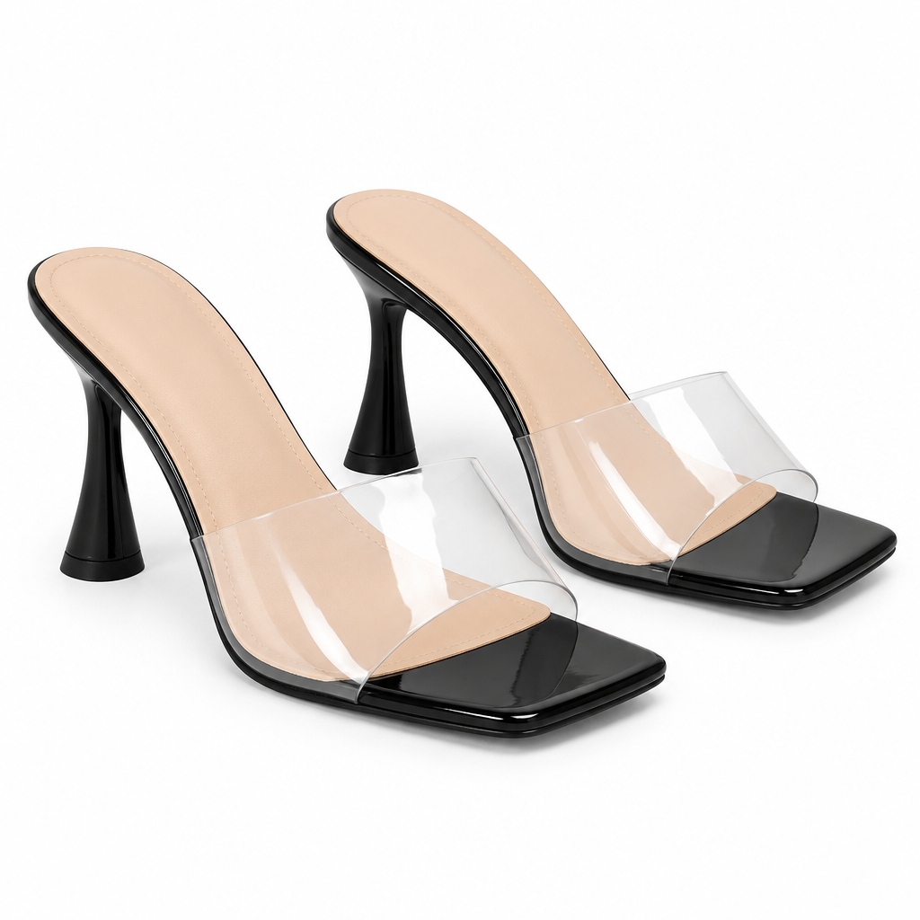 Sandales noires avec semelle beige et bride transparente, vue trois quarts