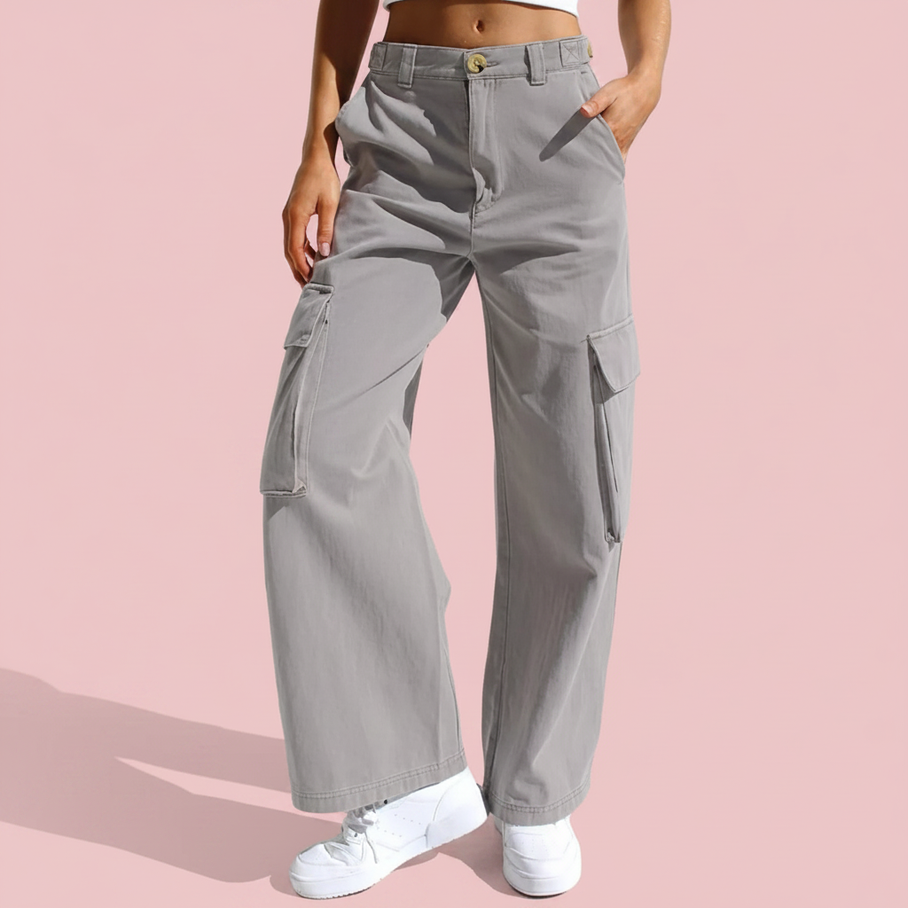 Jean cargo jambe large gris clair fond rose