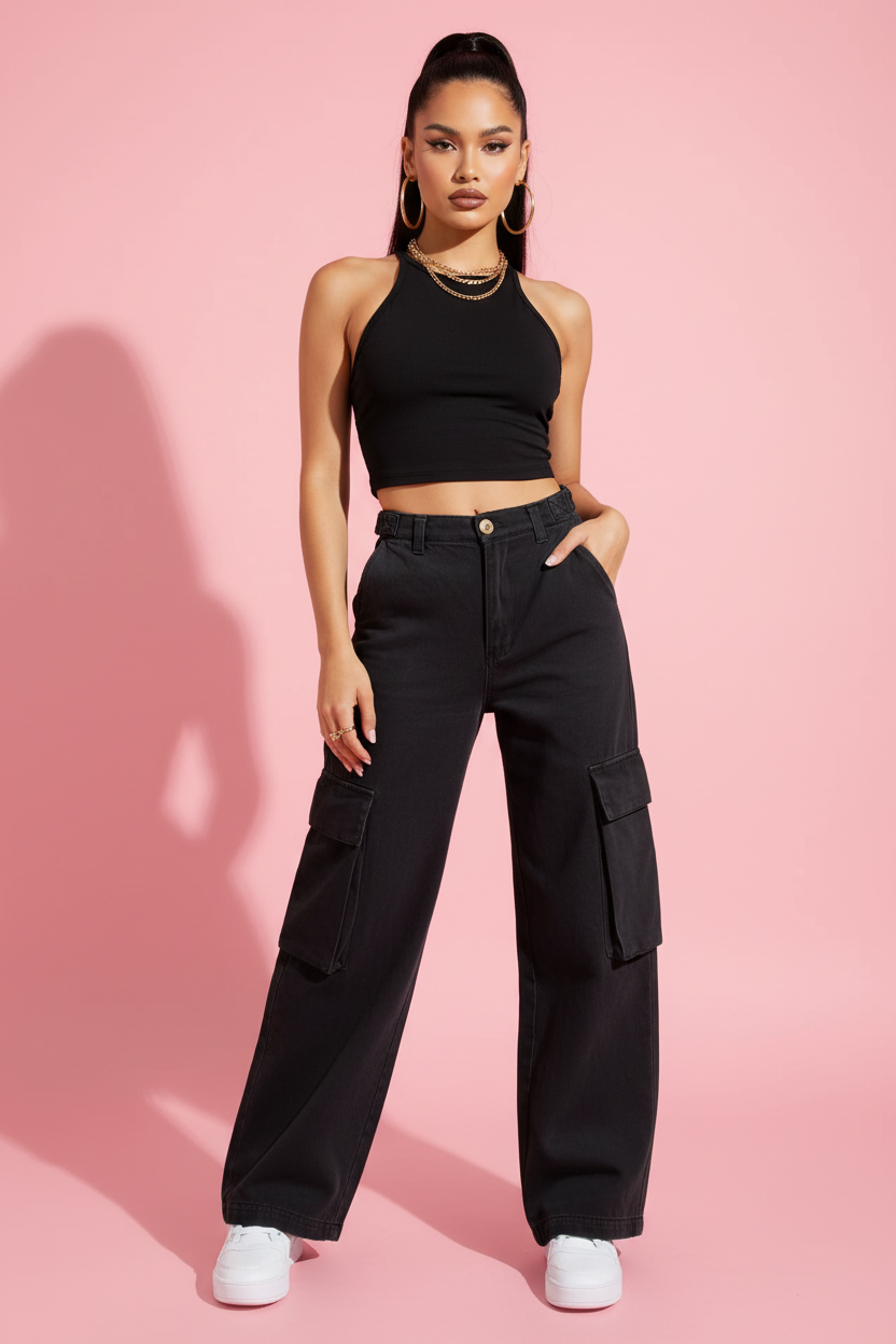 Jean cargo noir mannequin corps entier face