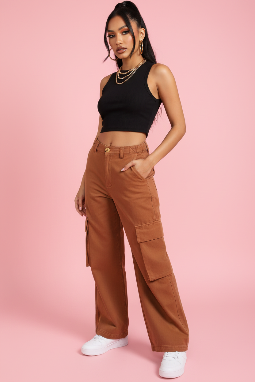 Jean cargo orange rouge mannequin corps entier 3/4