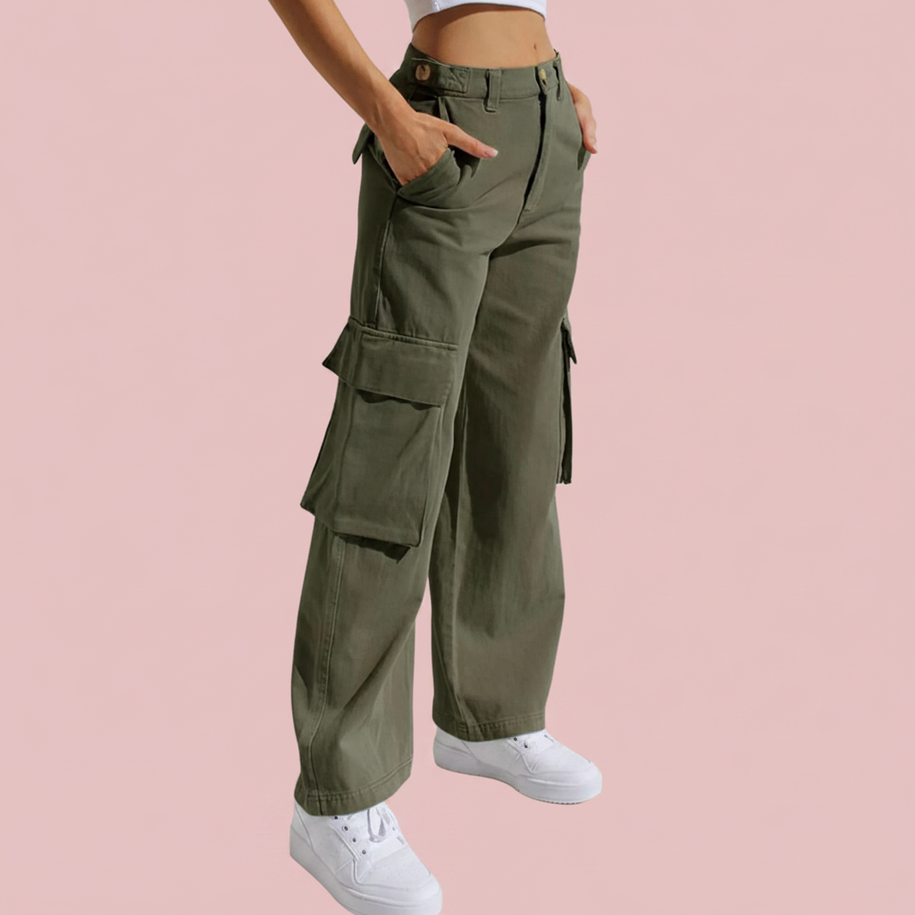 Jean cargo jambe large vert fond rose