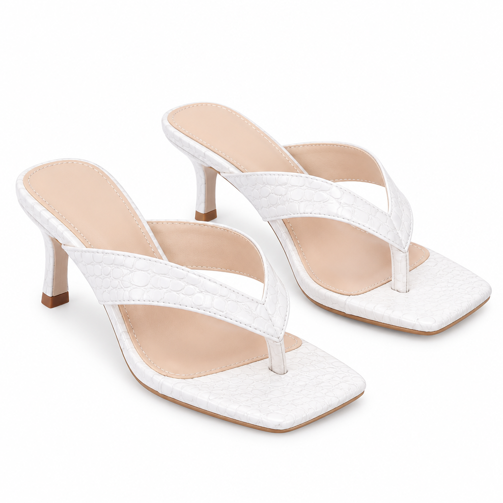 Sandales entre-doigts blanches, vue trois quarts sur fond blanc
