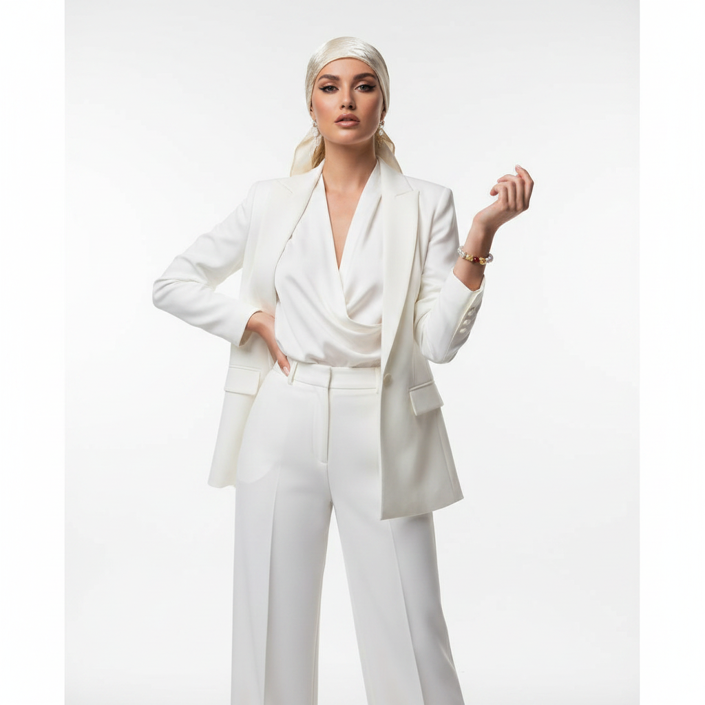 Bracelet perlé white - mannequin corps entier foulard