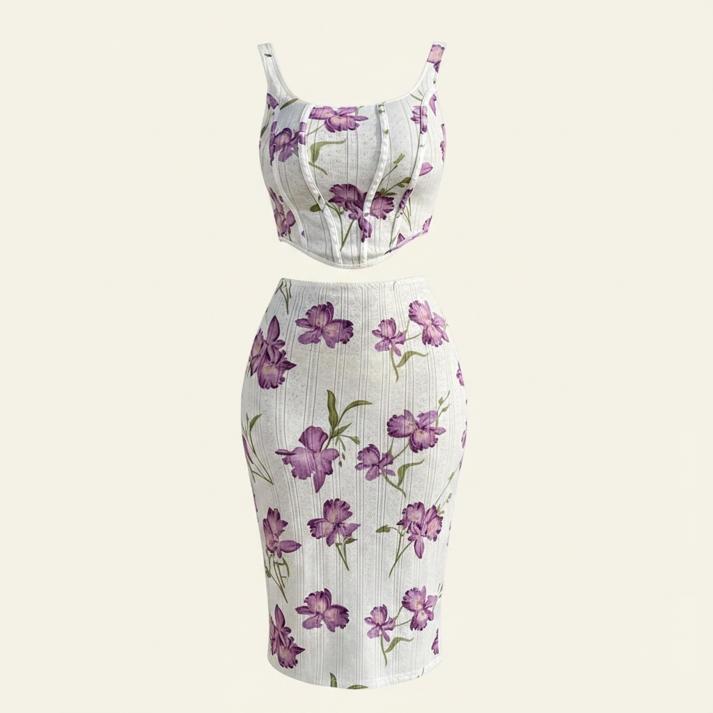 Ensemble Top Floral & Jupe Bodycon – Fond crème 2