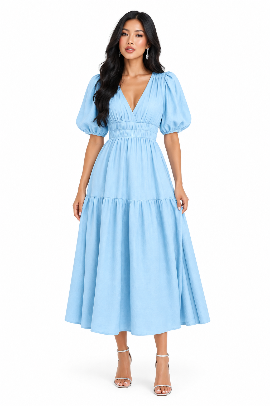 Robe midi bleu pastel à manches bouffantes portée de face