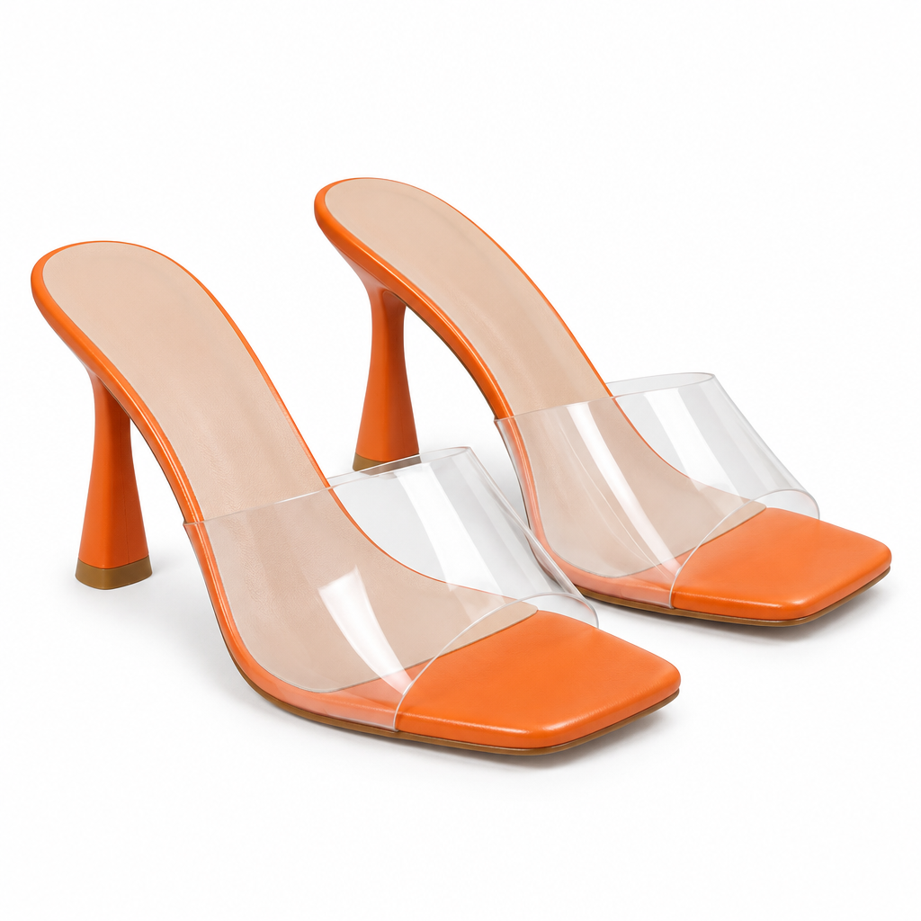 Sandales orange avec semelle beige et bride transparente, vue trois quarts