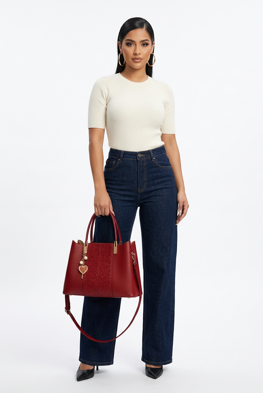 Sac rouge embossé à poignée porté de face sur mannequin corps entier