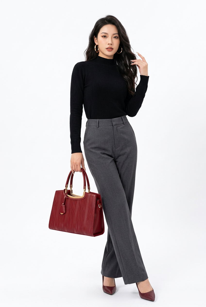 Sac écarlate porté en pose baddie