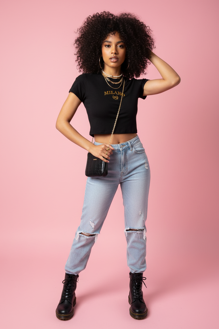 T-Shirt Crop Brodé Lettre - Black - Afro - Face