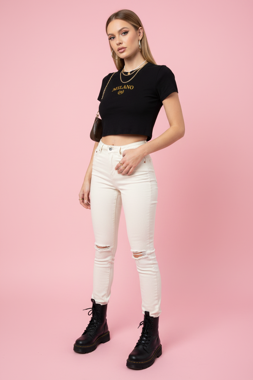 T-Shirt Crop Brodé Lettre - Black - Européenne - 3/4