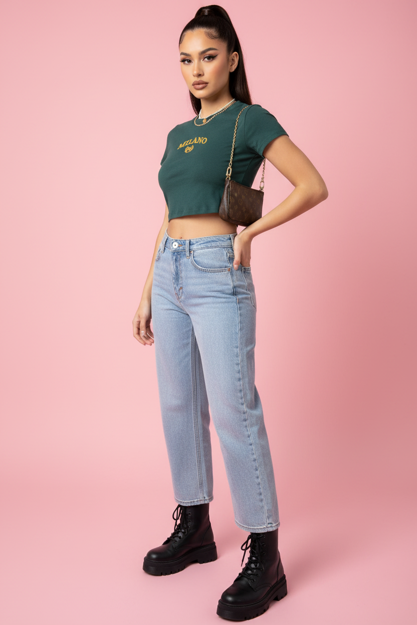 T-Shirt Crop Brodé Lettre - Green - 3/4