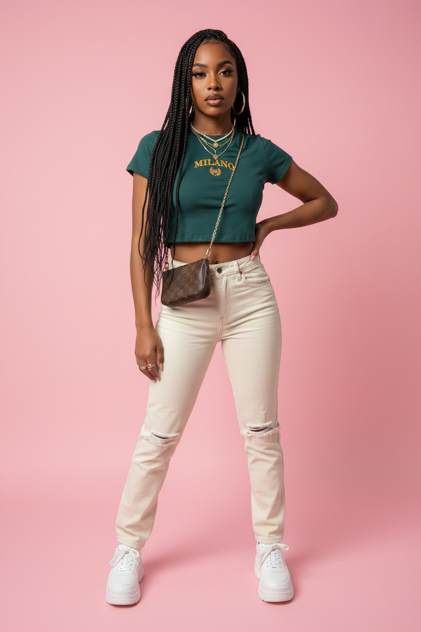 T-Shirt Crop Brodé Lettre - Green - Face